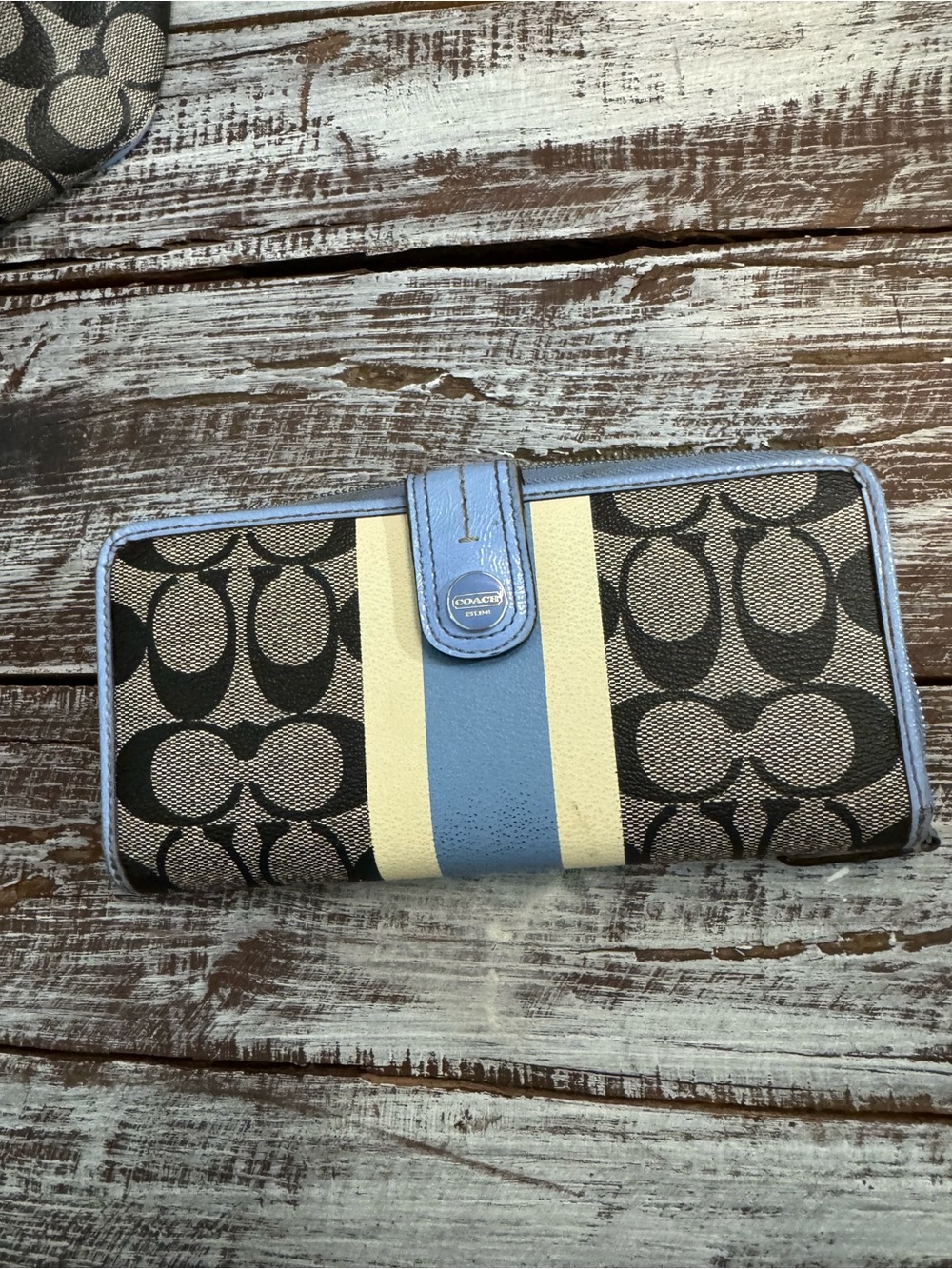 Coach Signature Tote with Blue and Cream Stripe with Wallet & Change Pouch - Picture 6 of 16
